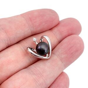 Vintage PO Sterling Silver 925 Cubic Zirconia Faux Pearl Heart Pendant